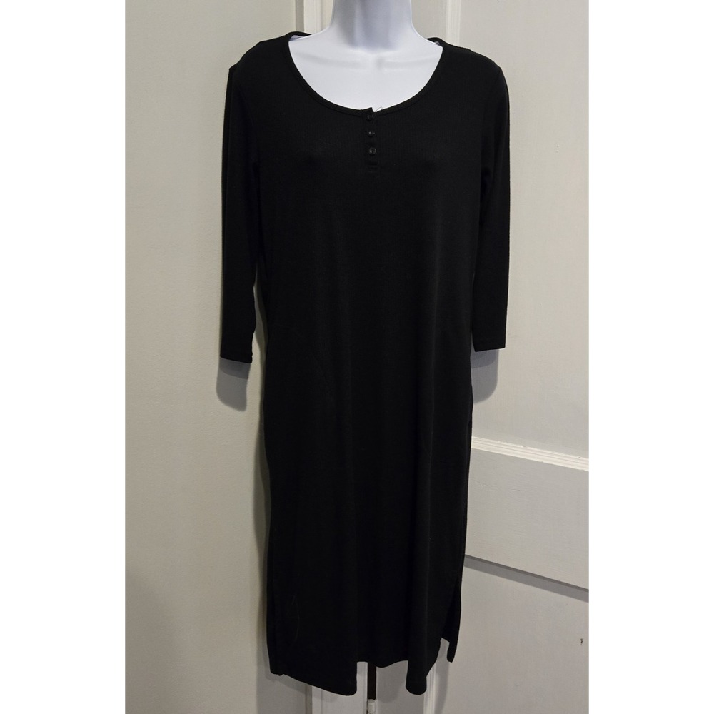 MUK LUKS Black‎ Knit Dress 3/4 Sleeve Midi Soft with Pockets Side Slits Size XS